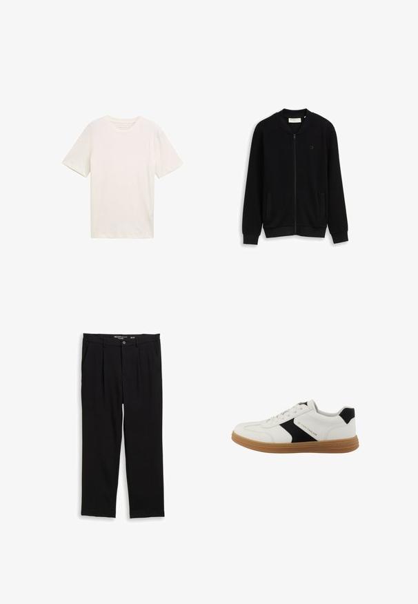 Sort tekstureret lynlåstrøje med ribstrikket krave, manchetter og kant, med to forlommer og et lille logo på brystet.; Kortærmet T-shirt med rund hals i off-white bomuld. Har en afslappet pasform med glat tekstur og ingen bemærkelsesværdige mønstre eller accenter.; Sorte bukser lavet af blødt stof, med en løs pasform, to frontlommer og en knaplukning med en lille talje.; Hvid sneakers med sort sideaccent, brun sål, snørebånd og "Tom Tailor"-logo på siden og sålen.