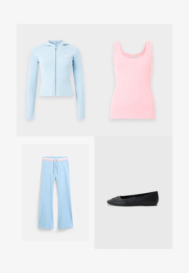 Lyseblå ribstrikket hættetrøje med lynlås, lange ærmer og et lille broderet logo på venstre bryst.; Lyserød ribbet ærmeløs tanktop med rund halsudskæring og Calvin Klein-etiket på inderkraven bagpå.; Lyseblå, flagrende sweatpants med snor i taljen. Har en pink og hvid stribet accent samt broderet logo. Blød stoftekstur.; Sort læder balletflad med en glat tekstur, afrundet tå og subtil dekorativ detaljering foran. Lav flad hæl.