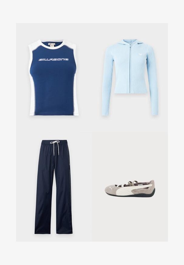 Hoodie zippé en maille côtelée bleu clair avec manches longues et petit logo brodé sur le côté gauche de la poitrine.; Débardeur de sport bleu sans manches avec panneaux latéraux blancs et col, avec le logo "BILLABONG" en blanc sur la poitrine.; Pantalon ample bleu marine avec taille élastique et cordon de serrage blanc, arborant de discrètes bandes blanches sur les côtés.; Ballerine plate en daim brun clair avec logo Puma blanc, bande latérale blanche, sangles élastiques et semelle en caoutchouc noire.