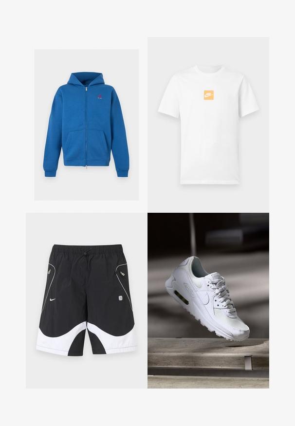 Modrá mikina s kapucňou na zips, s prednými vreckami a malým červeným logom na ľavej hrudi.; Biele krátke bavlnené tričko s krátkym rukávom s malým oranžovým štvorcom na hrudi s bielym logom Nike a známym znakem swoosh.; Čierno-biele športové šortky Nike s elastickým pásom, šnúrkou na stiahnutie, bočnými vreckami na zips a reflexným lemovaním na predných paneloch.; Biele tenisky Nike Air Max 90 s vrchnou časťou z kože a sieťoviny, perforovanou špičkou a viditeľnou vzduchovou jednotkou v päte.