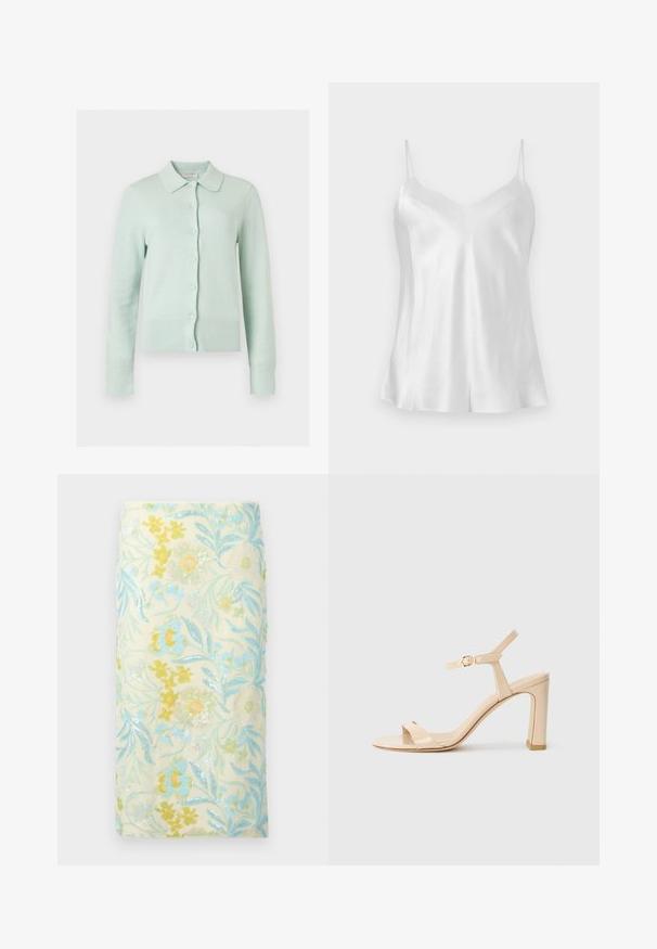 Cardigan vert menthe clair à manches longues avec boutons, col pointu, poignets et ourlet côtelés, présenté sur un fond uni.; Haut camisole en satin blanc avec fines bretelles spaghetti et décolleté en V, présenté à plat sur un fond neutre.; Jupe crayon brodée de fleurs en crème, ornée de sequins multicolores, avec des motifs floraux bleus et jaunes détaillés ainsi que des feuilles.; Sandale à talons hauts beige avec bride de cheville et boucle dorée, bout ouvert et talon bloc sur fond blanc.