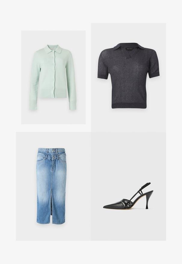 Hellmintgrüner langärmeliger Cardigan mit Knopfleiste, spitzem Kragen sowie gerippten Bündchen und Saum, auf einfarbigem Hintergrund dargestellt.; Dunkelgraues, kurzärmeliges, geripptes Strickoberteil mit V-Ausschnitt und figurbetontem Saum, Marke Anna Field.; Helles blaues Denim-Rock mit einem Frontschlitz, zwei Knopfverschluss, hoher Taille und klassischem Fünf-Taschen-Design. Glatte Textur, mittellang.; Schwarze Leder-Slingback-Pumps mit spitzem Zehenbereich, über Kreuz verlaufendem Riemendesign und schmalem Stiletto-Absatz. Glatte Oberfläche und minimalistische Akzente.