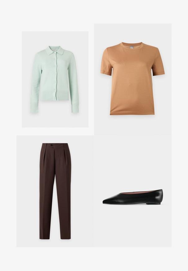 Cardigan vert menthe clair à manches longues avec boutons, col pointu, poignets et ourlet côtelés, présenté sur un fond uni.; T-shirt beige à manches courtes et col rond avec une petite étiquette grise marquée "MM" au niveau du col, présenté sur un fond clair uni.; Pantalon habillé marron foncé avec plis, jambes droites, poches latérales et fermeture à bouton à la taille, présenté sur un fond uni.; Chaussure plate en cuir noir pour femme, avec bout pointu et petit talon, vue de côté sur un fond gris clair uni.