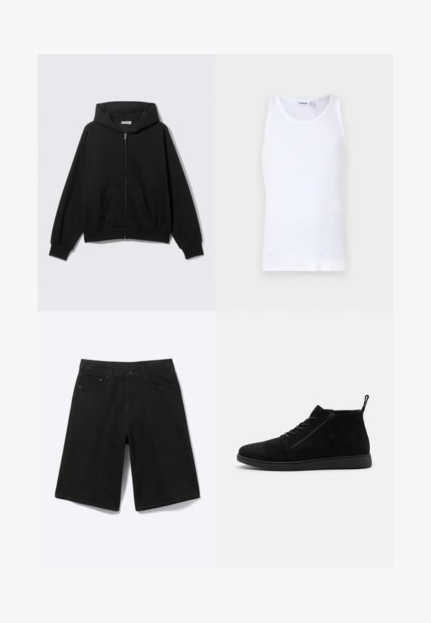 Sort hættetrøje med lynlås foran, forlommer, lange ærmer og hætte, vist mod en ensfarvet lys baggrund.; Hvid bomulds tanktop med rund hals og brede stropper. Glat tekstur, ingen mønstre, enkelt design og mærkeetiket på halsudskæringen.; Sorte denim shorts til knæet med frontknap, bæltestropper og fem lommer, vist mod en hvid baggrund.; Sorte ruskind ankelstøvler har en rund tå, snørebånd foran og en lynlås i siden. Sålen er flad med en tekstureret overflade for bedre greb.