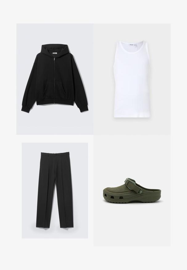 Sort hættetrøje med lynlås foran, forlommer, lange ærmer og hætte, vist mod en ensfarvet lys baggrund.; Hvid bomulds tanktop med rund hals og brede stropper. Glat tekstur, ingen mønstre, enkelt design og mærkeetiket på halsudskæringen.; Sorte skræddersyede bukser med forreste plisseringer, sidelommer, bæltestropper og knaplukning ved linningen på en lys baggrund.; Grøn gummi klipklap med justerbar rem og ventilationshuller. Glat tekstur, rundt tåparti og hævet sål for komfort.