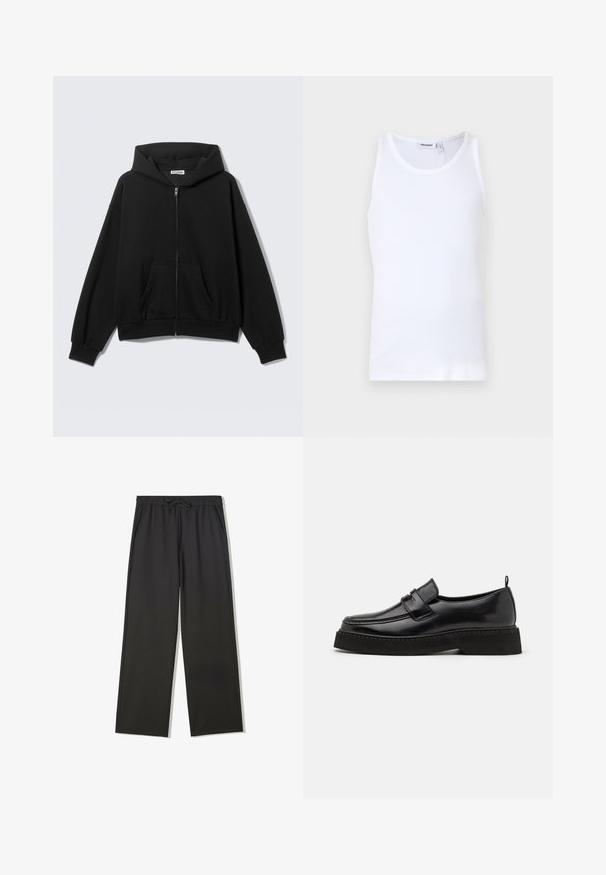 Sort hættetrøje med lynlås foran, forlommer, lange ærmer og hætte, vist mod en ensfarvet lys baggrund.; Hvid bomulds tanktop med rund hals og brede stropper. Glat tekstur, ingen mønstre, enkelt design og mærkeetiket på halsudskæringen.; Sorte bukser med elastisk talje, snørebånd og sidelommer, med en afslappet pasform og lige ben.; Sorte læder loafersko i stil med flad, tekstureret sål, med en syet tå og en rem over vristen.
