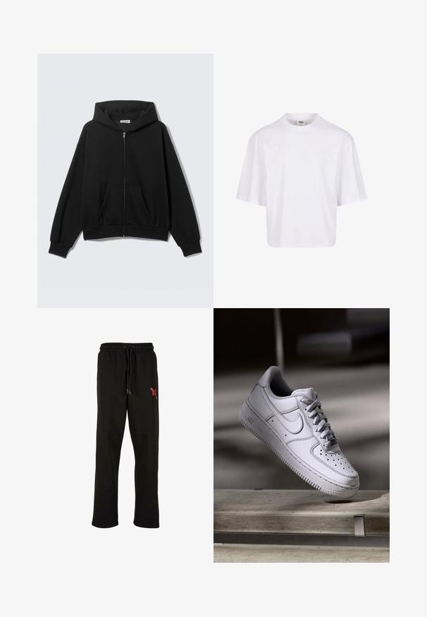 Sort hættetrøje med lynlås foran, forlommer, lange ærmer og hætte, vist mod en ensfarvet lys baggrund.; Hvid t-shirt med korte ærmer, der har en rund halsudskæring og en afslappet pasform, lavet af et glat bomuldsblandingsstof. Ingen mønstre eller udsmykninger.; Sorte sweats med elastisk talje og justerbar snor. Har et rødt logo på venstre lår. Blødt materiale.; Hvid læder Nike Air Force 1 sneaker med perforeret tå, flade snørebånd og tekstureret gummisål med "AIR" branding på siden.