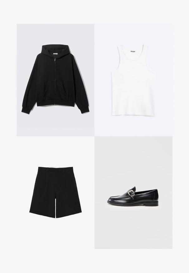 Sweat à capuche noir zippé avec poches avant, manches longues et capuche, présenté sur un fond uni clair.; Débardeur blanc sans manches avec col rond et étiquette de la marque Weekday à l'intérieur du col arrière, présenté à plat sur un fond clair.; Short noir sur mesure avec passants de ceinture, plis devant et poches latérales, posé à plat sur un fond blanc.; Mocassins en cuir noir avec un bout arrondi, des coutures détaillées, un accent en boucle argentée et un talon bas. Texture lisse avec une finition polie.
