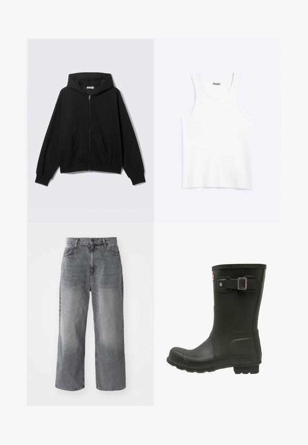 Sudadera negra con cremallera, bolsillos delanteros, mangas largas y capucha, mostrada sobre un fondo liso y claro.; Camiseta sin mangas blanca con cuello redondo y etiqueta de la marca Weekday en el interior del cuello trasero, mostrada plana sobre un fondo claro.; Jeans de mezclilla gris de pierna ancha con textura desgastada, cinco bolsillos y cierre de botón en la parte frontal. Corte recto que se extiende desde la cintura hasta el dobladillo.; Botas de lluvia de goma negras con punta redondeada, una correa con hebilla en la parte superior y una suela texturizada para mayor tracción.