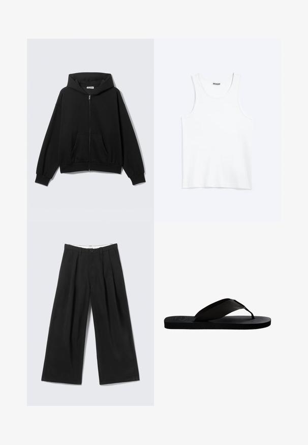 Sweat à capuche noir zippé avec poches avant, manches longues et capuche, présenté sur un fond uni clair.; Débardeur blanc sans manches avec col rond et étiquette de la marque Weekday à l'intérieur du col arrière, présenté à plat sur un fond clair.; Pantalon noir à jambes larges avec plis, passants pour ceinture et fermeture par bouton, présenté sur un fond gris clair.; Tongs noires avec une semelle en caoutchouc texturé, un passe-orteil en tissu et une bandoulière tissée. Design plat avec une apparence minimaliste.