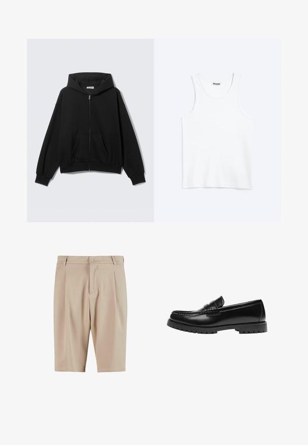 Sort hættetrøje med lynlås foran, forlommer, lange ærmer og hætte, vist mod en ensfarvet lys baggrund.; Hvid ærmeløs tanktop med rund halsudskæring og Weekday-mærke på den indvendige baghals, vist fladt på lys baggrund.; Beige skræddersyede shorts med plisseringer, der har en knaplukning og klassisk design. Glat tekstur, knælængde og ingen synlige lommer.; Sort læderloafer med en kraftig gummisål og klassiske penny-strap detaljer, vist fra ydersiden.