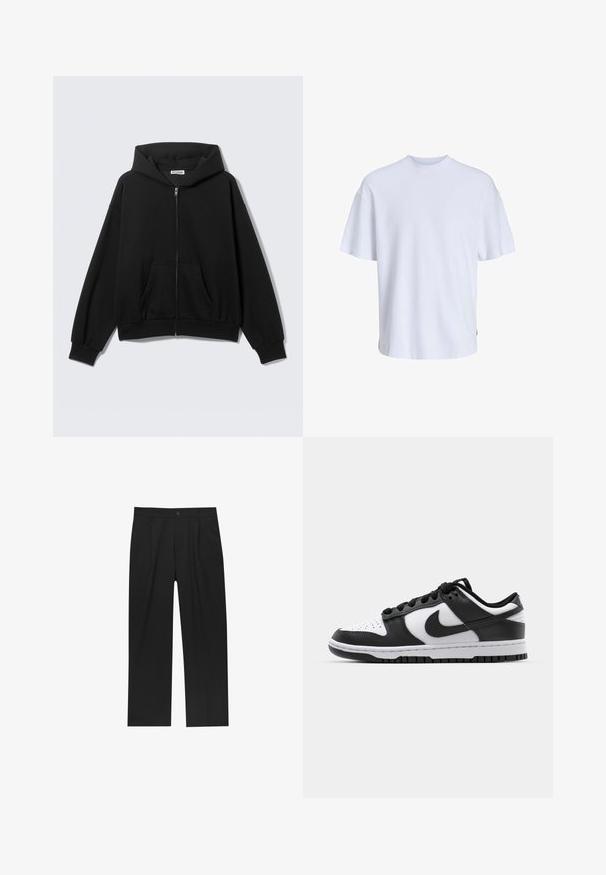 Sweat à capuche noir zippé avec poches avant, manches longues et capuche, présenté sur un fond uni clair.; T-shirt en coton blanc avec un col rond et des manches courtes. Présente une coupe décontractée et une texture lisse, sans motifs ni accents visibles.; Pantalons noirs au design droit, fabriqués à partir d'un tissu lisse. Dotés de plis sur le devant et d'une fermeture à un bouton à la taille.; Baskets Nike Dunk en noir et blanc avec une tige en cuir, un bout perforé, des lacets noirs et une semelle en caoutchouc noir avec un motif de semelle.