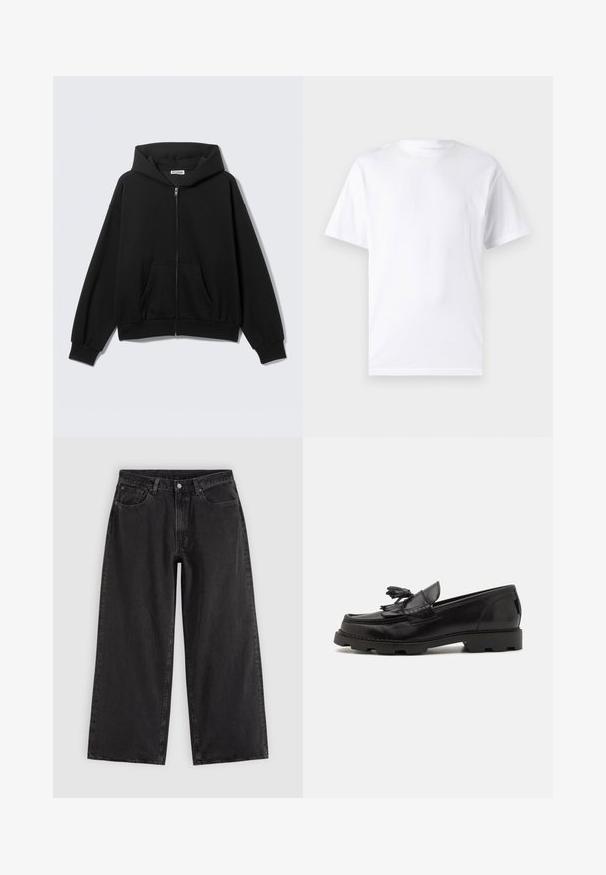 Sort hættetrøje med lynlås foran, forlommer, lange ærmer og hætte, vist mod en ensfarvet lys baggrund.; Hvid kortærmet t-shirt lavet af bomuld med rund hals, der har en glat tekstur og et simpelt design uden mønstre eller accenter.; Sorte denim jeans med vide ben, forlommer, bæltestropper og knaplukning, vist på en ensfarvet lys baggrund.; Sorte læderloafer med et mokkasindesign, der har en dekorativ frynse og kvast, tekstureret overflade og kraftig gummisål.