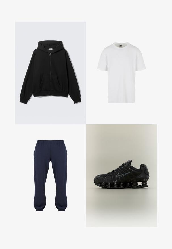 Sweat à capuche noir zippé avec poches avant, manches longues et capuche, présenté sur un fond uni clair.; T-shirt blanc à manches courtes en coton texturé. Il présente un col rond et unourlet droit. Design minimaliste sans logos visibles.; Pantalons de survêtement bleu marine avec une taille élastique et des manches resserrées, fabriqués en tissu doux, sans motifs ni accessoires visibles.; Chaussure de course noire Nike avec semelle segmentée semblable à un ressort, dessus en mesh et logo Swoosh noir assorti sur le côté.