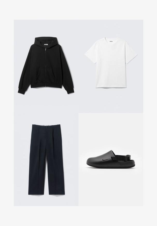 Sweat à capuche noir zippé avec poches avant, manches longues et capuche, présenté sur un fond uni clair.; T-shirt blanc à manches courtes et col rond, étalé à plat, design uni, avec l'étiquette "WEEKDAY" à l'intérieur du col sur un fond clair.; Pantalon bleu marine foncé en tissu lisse, avec une coupe ajustée, deux poches avant et une fermeture par bouton.; Sabots noirs moulés avec une texture lisse, une sangle à l'arrière pour la stabilité et une semelle à rainures pour l'adhérence. Présente un petit logo sur le côté.