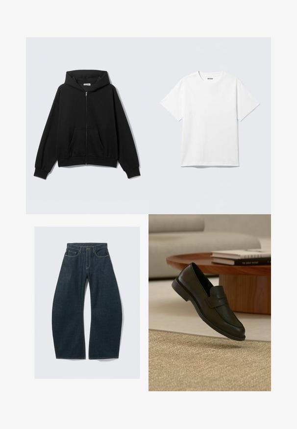 Sweat à capuche noir zippé avec poches avant, manches longues et capuche, présenté sur un fond uni clair.; T-shirt blanc à manches courtes et col rond, étalé à plat, design uni, avec l'étiquette "WEEKDAY" à l'intérieur du col sur un fond clair.; Jeans à jambes larges bleu foncé en denim, dotés de cinq poches, de coutures visibles, d'une fermeture par bouton et d'une finition soignée.; Chaussure mocassin en cuir noir présentée en suspension au-dessus d'un tapis beige tissé, avec une table en bois et des livres empilés dans un salon doucement éclairé.