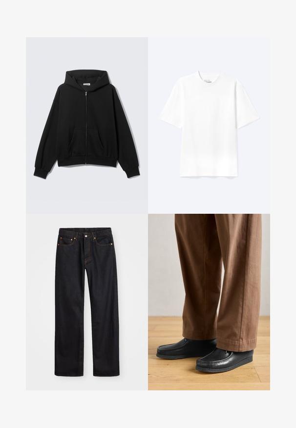 Sudadera negra con cremallera, bolsillos delanteros, mangas largas y capucha, mostrada sobre un fondo liso y claro.; Camiseta lisa blanca de manga corta y cuello redondo con un corte relajado, mostrada sobre un fondo claro.; Jeans de mezclilla negros de pierna recta para hombre, con cinco bolsillos y costuras en color naranja, cierre de botón y cremallera en la parte delantera de la cintura.; Zapatos de cuero negros con diseño de mocasín y detalles de costura, combinados con pantalones marrones, sobre un suelo de madera.