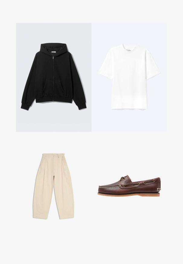 Sweat à capuche noir zippé avec poches avant, manches longues et capuche, présenté sur un fond uni clair.; T-shirt blanc uni à manches courtes et col rond avec une coupe décontractée, présenté sur un fond clair.; Pantalon beige taille haute à jambes larges avec plis, poches latérales, passants pour ceinture et fermeture par bouton sur la ceinture avant.; Chaussure bateau en cuir marron avec coutures blanches, détails de lacets et semelle en caoutchouc beige, vue de côté sur fond blanc.