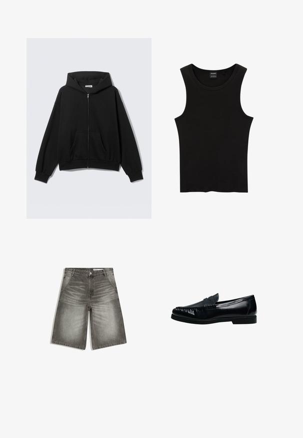 Sweat à capuche noir zippé avec poches avant, manches longues et capuche, présenté sur un fond uni clair.; Débardeur noir côtelé sans manches avec encolure ronde et étiquette Pull&Bear à l'intérieur du col.; Shorts en denim gris avec poches avant, fermeture par boutons, passants pour ceinture, et détails décolorés sur les cuisses et près de la fermeture éclair.; Mocassin penny loafer pour homme en cuir noir avec bout moc cousu et petit talon, présenté de profil sur fond blanc.