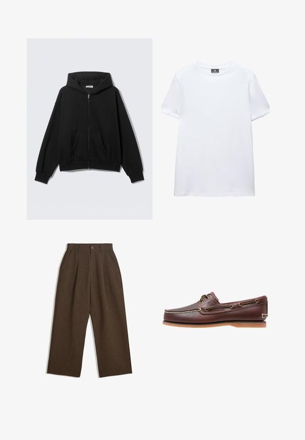Zwarte hoodie met rits, voorzakken, lange mouwen en capuchon, getoond tegen een effen lichte achtergrond.; Effen wit T-shirt met korte mouwen en een ronde hals met een zwart Pull&Bear-label aan de binnenkant van de kraag, afgebeeld op een witte achtergrond.; Bruine geplooide broeken met een wijdvallend ontwerp, voorzien van een knoopsluiting en zijzakken, gemaakt van een textiel dat geschikt is voor casual wear.; Bruine leren bootschoen met witte stiksels, veterdetails en beige rubberen zool, zijaanzicht op een witte achtergrond.