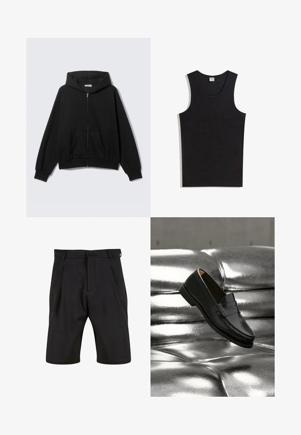 Sort hættetrøje med lynlås foran, forlommer, lange ærmer og hætte, vist mod en ensfarvet lys baggrund.; Sort tanktop lavet af bomuld med rund halsudskæring og ærmeløs design. Glat tekstur uden synlige mønstre eller accenter.; Sorte shorts lavet af et glat stof med skræddersyet design, der har en frontknaplukning, læg og sidelommer.; Sort læderloafer svæver over en skinnende sølvfarvet, polstret lædersofa i et minimalistisk miljø.