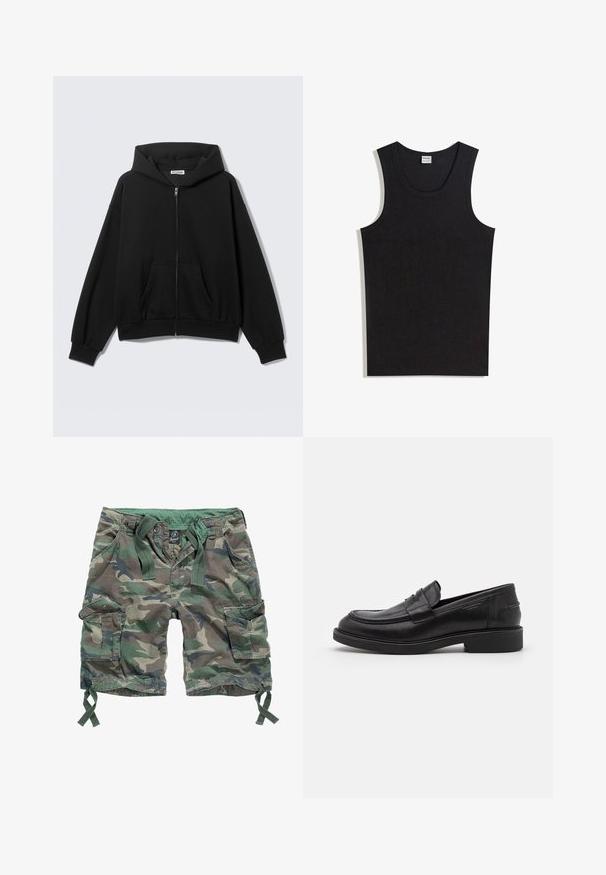 Sweat à capuche noir zippé avec poches avant, manches longues et capuche, présenté sur un fond uni clair.; Débardeur noir en coton, doté d'un col rond et d'une coupe sans manches. Texture lisse sans motifs ni accents visibles.; Shorts cargo à motif camouflage, dotés de plusieurs poches, d'une taille élastique avec cordons de serrage et d'un matériau en coton.; Mocassins en cuir noir avec un bout arrondi, des coutures ton sur ton et un détail de sangle à l'avant. Semelle en caoutchouc avec un petit talon.