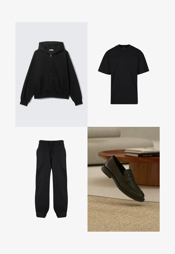 Sudadera negra con cremallera, bolsillos delanteros, mangas largas y capucha, mostrada sobre un fondo liso y claro.; Camiseta negra de manga corta con cuello redondo, corte holgado, diseño liso y sin logotipos ni patrones visibles.; Pantalones de chándal negros con cintura elástica, cordón y bolsillos laterales. Fabricados con una tela suave, tienen un corte holgado y tobillos ajustados.; Zapato mocasín de cuero negro mostrado en el aire sobre una alfombra beige tejida, con una mesa de madera y libros apilados en una sala de estar con luz suave.