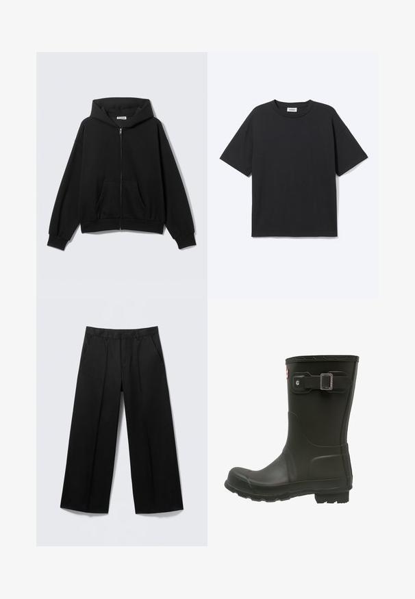Sort hættetrøje med lynlås foran, forlommer, lange ærmer og hætte, vist mod en ensfarvet lys baggrund.; Sort T-shirt med korte ærmer og rund hals med afslappet pasform, forfra, ensfarvet design og synligt Weekday-mærke inde i kraven.; Sorte vidde-bukser med bæltestropper, forlommer og lynlås foran, vist på en lysegrå baggrund.; Sort gummistøvle med rund tå, en spænderem ved den øverste side og en struktureret sål til godt tænksom greb.