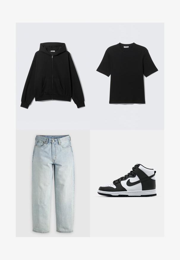 Zwarte hoodie met rits, voorzakken, lange mouwen en capuchon, getoond tegen een effen lichte achtergrond.; Zwart T-shirt met korte mouwen en ronde hals, met een label "WEEKDAY" aan de binnenkant van de kraag, plat neergelegd op een lichte achtergrond.; Lichtblauwe denim jeans met een rechtBeen, vijf zakken en een knoopsluiting; heeft vervaagde gebieden en subtiele stikdetails.; Zwart-witte hoge sneakers met leren bovenwerk, geperforeerde neus, prominente swoosh-logo en een getextureerde rubberen zool.