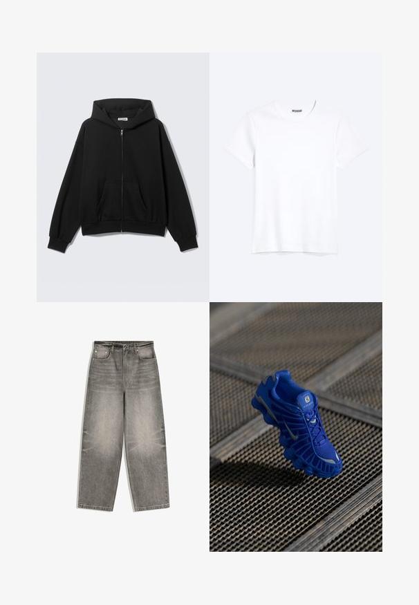 Zwarte hoodie met rits, voorzakken, lange mouwen en capuchon, getoond tegen een effen lichte achtergrond.; Effen witte T-shirt met korte mouwen en ronde hals met een zichtbaar WEEKDAY-merklabel bij de nek, weergegeven op een lichte achtergrond.; Grijs denim wijde broek met knopen aan de voorkant, ritssluiting, lussen voor een riem en een ontwerp met vijf zakken, plat gelegd op een witte achtergrond.; Blauwe sportschoen met een bovenwerk van mesh, een gestructureerd ontwerp en een opvallende zool met duidelijke dempingselementen en reflecterende accenten.