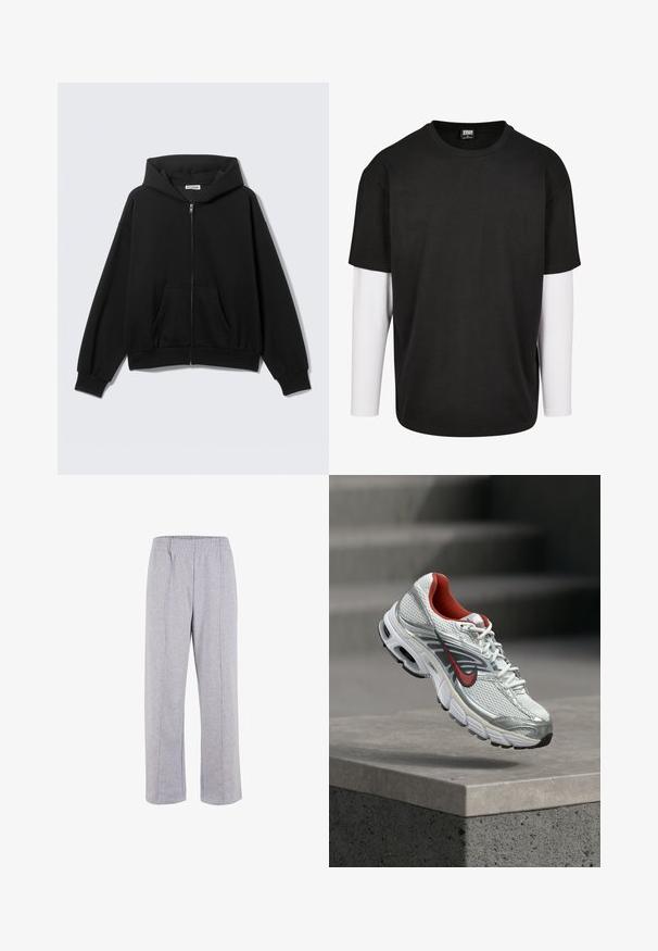 Sudadera negra con cremallera, bolsillos delanteros, mangas largas y capucha, mostrada sobre un fondo liso y claro.; Camiseta negra de manga corta con una capa de manga larga blanca debajo. Hecha de algodón, con un cuello redondo y un corte relajado.; Pantalones de chándal de algodón ligero en color gris, con cintura elástica, piernas rectas y costuras visibles. Sin bolsillos ni adornos.; Zapatilla de running Nike blanca y plateada con detalles en rojo flotando sobre un saliente de hormigón, mostrando los detalles laterales y de la suela.