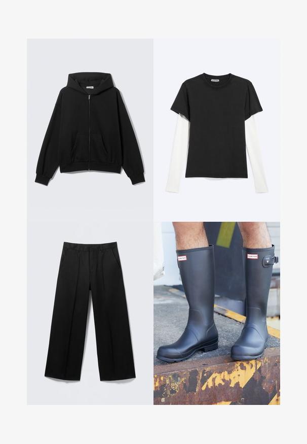 Sweat à capuche noir zippé avec poches avant, manches longues et capuche, présenté sur un fond uni clair.; T-shirt noir à manches courtes superposé à une chemise blanche à manches longues, vue en plat sur un fond gris clair avec l'étiquette WEEKDAY visible à l'intérieur du col.; Pantalon large noir avec passants pour ceinture, poches avant et fermeture éclair, présenté sur un fond gris clair.; Personne portant des bottes de pluie Hunter noires se tenant sur un bord métallique rouillé avec des marquages jaunes et noirs de précaution.