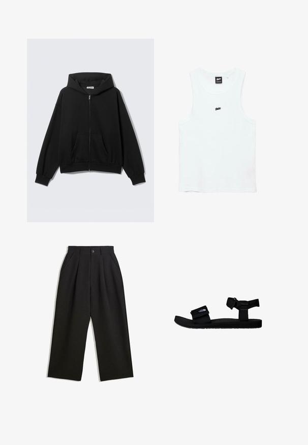Sort hættetrøje med lynlås foran, forlommer, lange ærmer og hætte, vist mod en ensfarvet lys baggrund.; Hvid ærmeløs ribstrikket tank top med lille sort logo centreret på brystet og sort mærke inde i halsudskæringen.; Sorte bukser med en afslappet pasform, der har plisseringer foran, sidelommer og knaplukning. Fremstillet af tekstureret stof.; Sorte sandaler med justerbare stofremme, tekstureret gummisål og et logo-patch. Designet til komfort og udendørs brug.