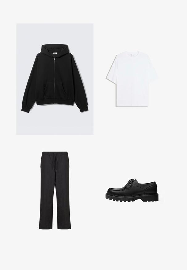 Sweat à capuche noir zippé avec poches avant, manches longues et capuche, présenté sur un fond uni clair.; T-shirt oversize en coton blanc avec un col rond et des manches courtes ; texture lisse, sans motifs ni accents visibles.; Pantalon noir ample avec une taille élastique et un cordon de serrage. Présente un motif à rayures verticales subtil. Fabriqué en tissu léger.; Chaussure noire en cuir à lacets avec une semelle épaisse et robuste et des coutures détaillées sur la tige, conçue pour un usage formel ou décontracté.