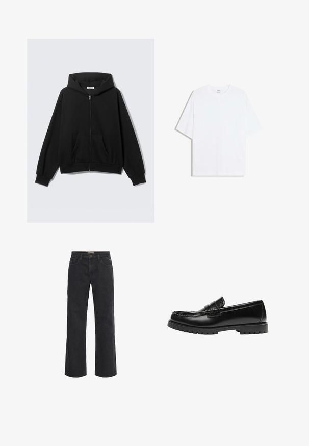Zwarte hoodie met rits, voorzakken, lange mouwen en capuchon, getoond tegen een effen lichte achtergrond.; Wit oversized katoenen T-shirt met een ronde hals en korte mouwen; gladde textuur, zonder zichtbare patronen of accenten.; Zwarte denim wijde broek met knoopsluiting, vijf zakken en een licht vervaagde textuur. Rechte snit van taille tot zoom.; Zwarte leren loafer met een dikke rubberen zool en klassieke penny-strap details, gezien vanaf de buitenkant.