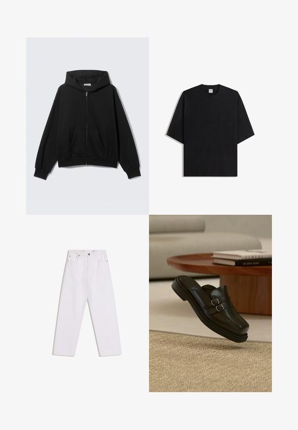 Sweat à capuche noir zippé avec poches avant, manches longues et capuche, présenté sur un fond uni clair.; T-shirt noir surdimensionné à col rond avec manches courtes, vue à plat sur fond blanc, étiquette Bershka visible à l'intérieur du col.; Jean blanc droit avec cinq poches, passants pour ceinture, et fermeture à bouton et glissière à l'avant sur un fond uni.; Chaussure noire en cuir à enfiler avec double boucle argentée, présentée en suspension au-dessus d'un tapis beige texturé, près d'une table basse en bois et des livres.