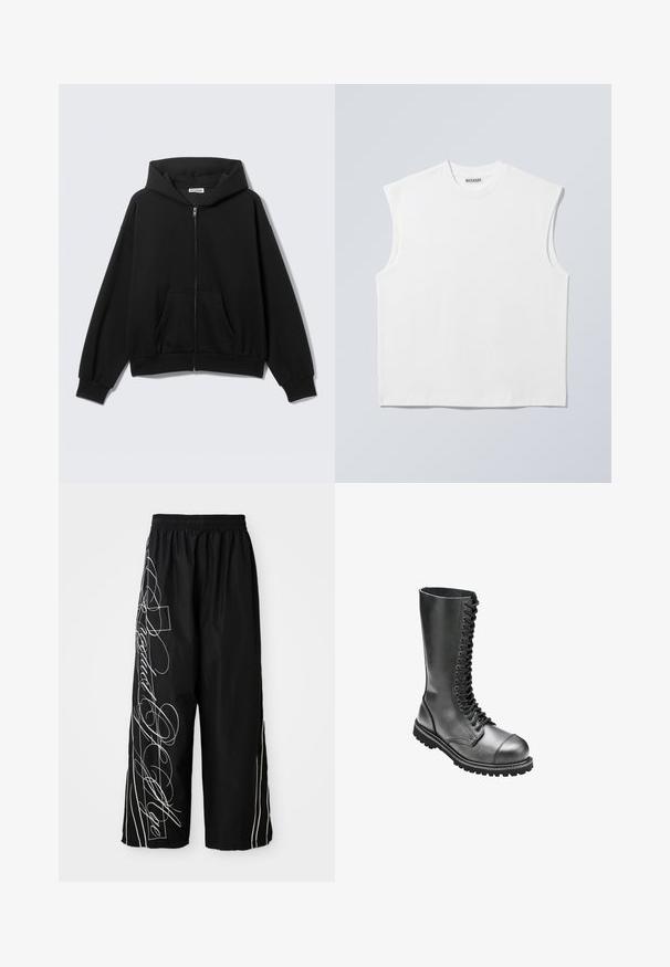 Zwarte hoodie met rits, voorzakken, lange mouwen en capuchon, getoond tegen een effen lichte achtergrond.; Wit mouwloos katoenen top met ronde hals en gestructureerde schouders, met het merk "WEEKDAY" op het label in de kraag, afgebeeld op een lichtgrijze achtergrond.; Zwarte, wijde, cropped pantalons van lichtgewicht stof. Bevatten witte geborduurde ontwerpen en accenten die langs de zijkanten lopen. Elastische tailleband.; Zwarte leren veterlaarzen met een hoge schacht, ronde neus, gewatteerde kraag en een geprofileerde rubberen zool voor betere grip.