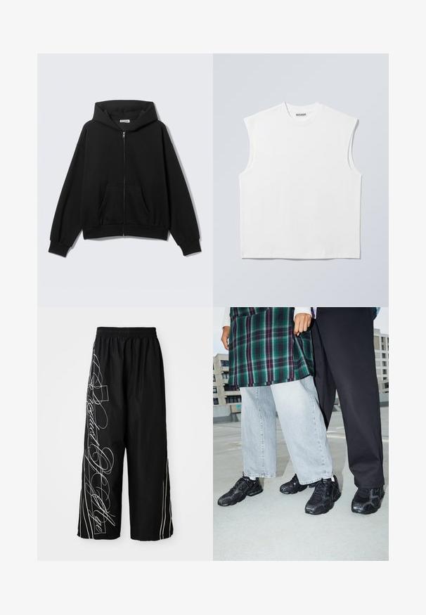 Zwarte hoodie met rits, voorzakken, lange mouwen en capuchon, getoond tegen een effen lichte achtergrond.; Wit mouwloos katoenen top met ronde hals en gestructureerde schouders, met het merk "WEEKDAY" op het label in de kraag, afgebeeld op een lichtgrijze achtergrond.; Zwarte, wijde, cropped pantalons van lichtgewicht stof. Bevatten witte geborduurde ontwerpen en accenten die langs de zijkanten lopen. Elastische tailleband.; Zwarte sportieve schoenen met mesh- en rubberaccenten. Draagt een lichtgrijze wijde spijkerbroek en een groen geruit shirt. Effen achtergrond.
