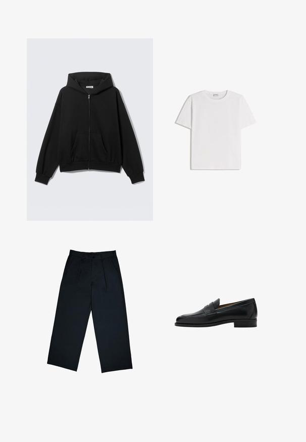 Sweat à capuche noir zippé avec poches avant, manches longues et capuche, présenté sur un fond uni clair.; T-shirt en coton blanc avec un col rond et des manches courtes. Présente une coupe classique et carrée, sans motifs ni accents visibles.; Pantalons larges noirs en tissu lisse, avec des plis sur le devant, une fermeture à bouton et une coupe droite au niveau des chevilles.; Mocassin penny en cuir noir avec talon bas, bout arrondi et une bride sur la partie supérieure de la chaussure.
