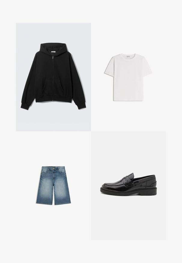 Sweat à capuche noir zippé avec poches avant, manches longues et capuche, présenté sur un fond uni clair.; T-shirt en coton blanc avec un col rond et des manches courtes. Présente une coupe classique et carrée, sans motifs ni accents visibles.; Shorts en jean bleu moyen jusqu'au genou avec poches avant, passants pour ceinture et fermeture par bouton, présentant un léger effet délavé sur les cuisses.; Mocassins en cuir noir avec une finition lisse, un bout rond, un petit talon et descoutures décoratives à l'avant. Semelle en caoutchouc pour l'adhérence.