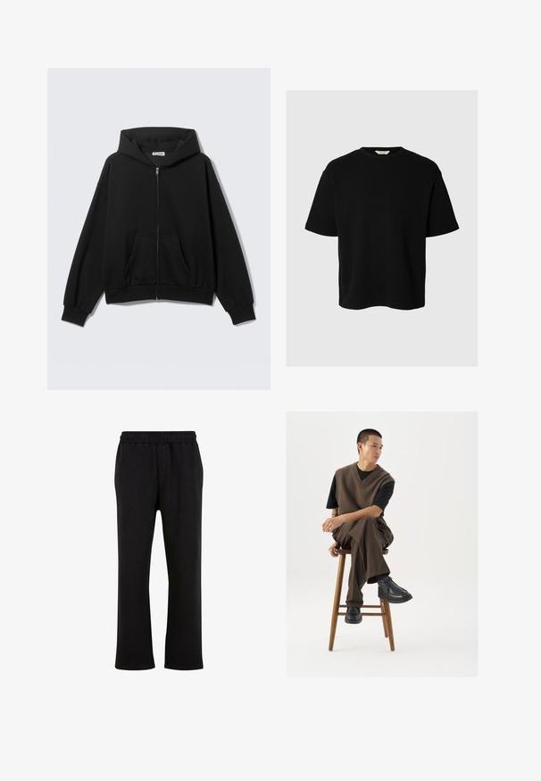Sort hættetrøje med lynlås foran, forlommer, lange ærmer og hætte, vist mod en ensfarvet lys baggrund.; Sort T-shirt med korte ærmer og rund hals med afslappet pasform og synlig stofstruktur mod en lys grå baggrund.; Urban Classics Træningsbukser - black; Brun strikket vest over en sort t-shirt, parret med brune vidde bukser og sorte chunky sko, siddende på en træstub.