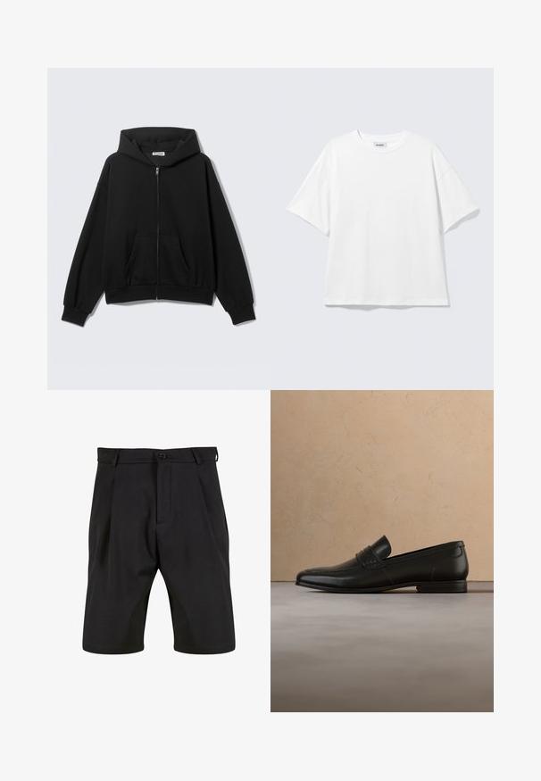 Sort hættetrøje med lynlås foran, forlommer, lange ærmer og hætte, vist mod en ensfarvet lys baggrund.; Hvid oversized t-shirt med korte ærmer og rund halsudskæring med sænkede skuldre, fladt lagt på lys grå baggrund.; Sorte shorts lavet af et glat stof med skræddersyet design, der har en frontknaplukning, læg og sidelommer.; Sort læderloafer vist i luften over en beige tæppe med en beige sofa i baggrunden.