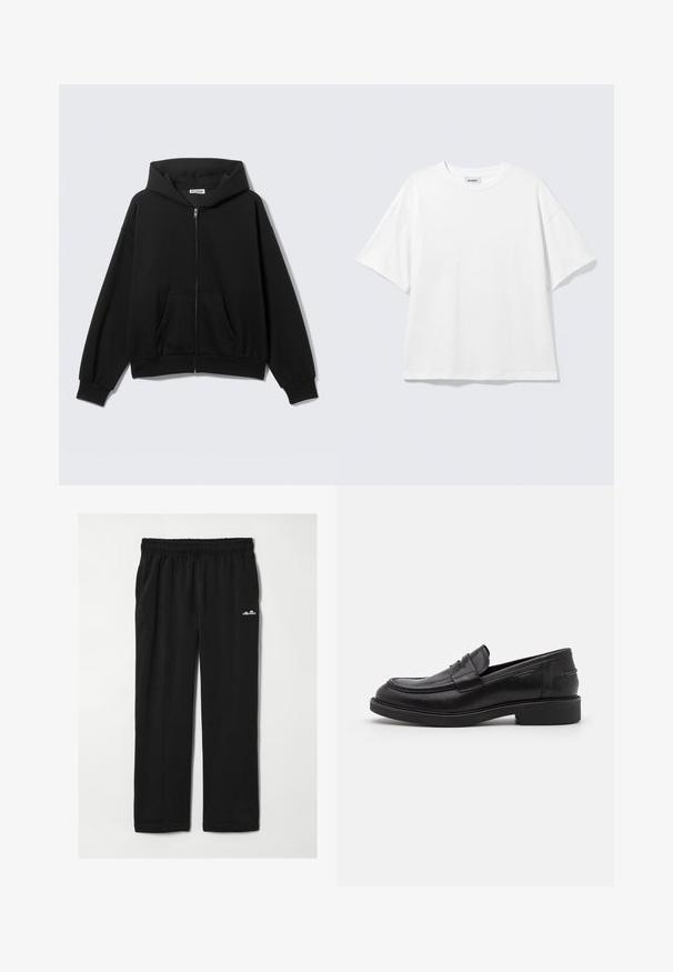 Sweat à capuche noir zippé avec poches avant, manches longues et capuche, présenté sur un fond uni clair.; T-shirt blanc oversize à manches courtes, col rond, épaules tombantes, posé à plat sur fond gris clair.; Pantalon décontracté noir avec taille élastique et petit logo blanc ellesse sur la partie supérieure gauche de la cuisse, présenté à plat sur fond blanc.; Mocassins en cuir noir avec un bout arrondi, des coutures ton sur ton et un détail de sangle à l'avant. Semelle en caoutchouc avec un petit talon.