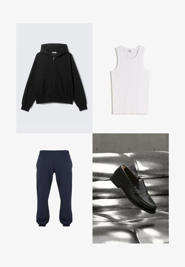 Sweat à capuche noir zippé avec poches avant, manches longues et capuche, présenté sur un fond uni clair.; Débardeur blanc en coton avec un col rond et de larges bretelles. Texture lisse, sans motifs ni accents, design simple.; Pantalons de survêtement bleu marine avec une taille élastique et des manches resserrées, fabriqués en tissu doux, sans motifs ni accessoires visibles.; Mocassin en cuir noir flottant au-dessus d'un canapé en cuir argenté brillant matelassé à boutons dans un décor minimaliste.
