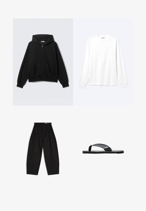 Black zip-up hoodie with front pockets, long sleeves, and a hood, displayed against a plain light background.; Long-sleeve plain white shirt with crew neck and ribbed cuffs, displayed on a neutral light background.; Black high-waist wide-leg pants with pleats, belt loops, front button, and zipper closure, laid flat on a white background.; Black flat flip-flop sandal with a wide toe strap and textured sole, shown in side profile on a white background.