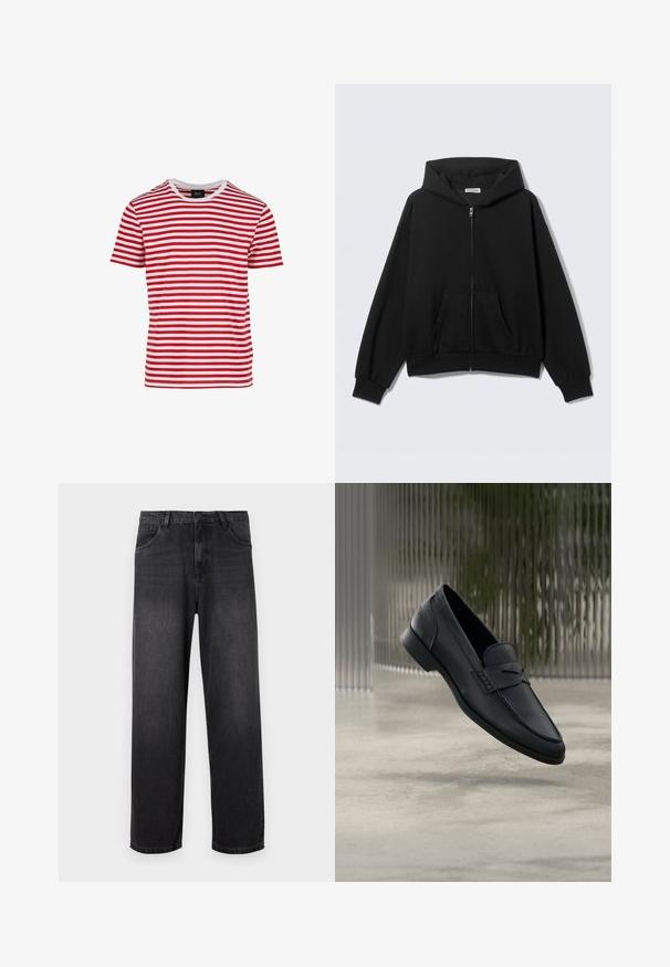 Sudadera negra con cremallera, bolsillos delanteros, mangas largas y capucha, mostrada sobre un fondo liso y claro.; Camiseta de manga corta a rayas rojas y blancas con cuello redondo, hecha de una tela de textura suave. Presenta rayas horizontales uniformes.; Jeans de denim gris oscuro con un diseño de pierna recta, que cuentan con un cierre de cremallera, cinco bolsillos y sutiles detalles de desvanecimiento en la tela.; Zapato tipo mocasín de cuero negro con acabado liso, punta puntiaguda y detalles cosidos en la pala. Tacón bajo y diseño minimalista.
