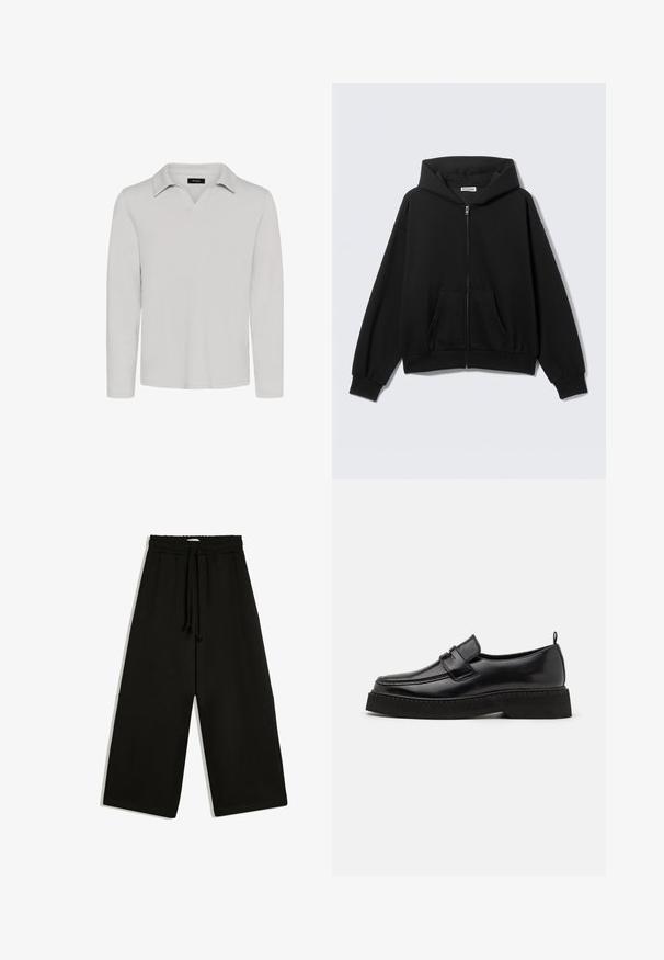 Sort hættetrøje med lynlås foran, forlommer, lange ærmer og hætte, vist mod en ensfarvet lys baggrund.; Matinique MAV - Poloshirts - lunar rock; Sorte vidde bukser med elastisk talje og snor, med løs pasform og sidelommer.; Sorte læder loafersko i stil med flad, tekstureret sål, med en syet tå og en rem over vristen.
