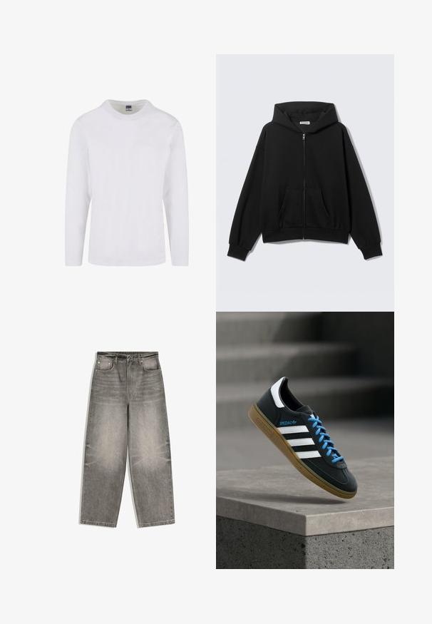 Sort hættetrøje med lynlås foran, forlommer, lange ærmer og hætte, vist mod en ensfarvet lys baggrund.; Langærmet t-shirt med rund hals i hvidt bomuldsstof. Glat tekstur med et enkelt design uden synlige mønstre eller accenter.; Grå denimjeans med vide ben, frontknap, lynlåslukning, bæltestropper og fem-lomme design lagt fladt på en hvid baggrund.; Sort Adidas sneaker med hvide striber, blå snørebånd og gummisål, der svæver over gråt betontrin i blødt lys.