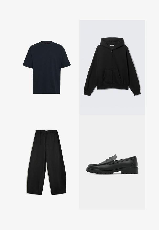 Schwarzer Kapuzenpullover mit Reißverschluss, Fronttaschen, langen Ärmeln und Kapuze, vor einem schlichten hellen Hintergrund dargestellt.; Navyblaue Baumwoll-T-Shirt mit Rundhalsausschnitt, kurzen Ärmeln und entspannter Passform. Glatte Textur ohne sichtbare Muster oder Akzente.; Schwarze weit geschnittene Hose mit hoher Taille, Knopfverschluss und Falten vorne, auf weißem Hintergrund präsentiert.; Schwarze Lederloafer mit runder Zehenform, ausgestattet mit einem gesteppten Design, niedrigem Plattformsohle und einer strukturierten, genoppten Gummisohle.