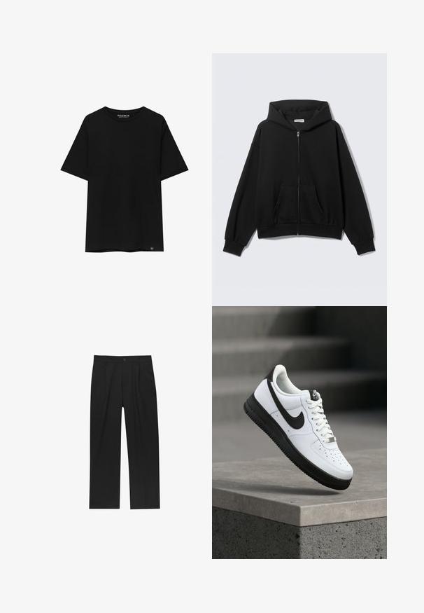 Sweat à capuche noir zippé avec poches avant, manches longues et capuche, présenté sur un fond uni clair.; T-shirt noir à manches courtes en coton, avec un col ras du cou et une petite étiquette de marque en bas à gauche.; Pantalons noirs au design droit, fabriqués à partir d'un tissu lisse. Dotés de plis sur le devant et d'une fermeture à un bouton à la taille.; Baskets en cuir blanc avec accents noirs, bout arrondi et détails perforés. Semelle en caoutchouc noire avec motif texturé et fermeture à lacets.